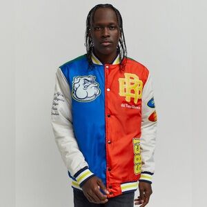 •All Time Champ• Multicolor Nylon Varsity Bomber with Color Block Detail